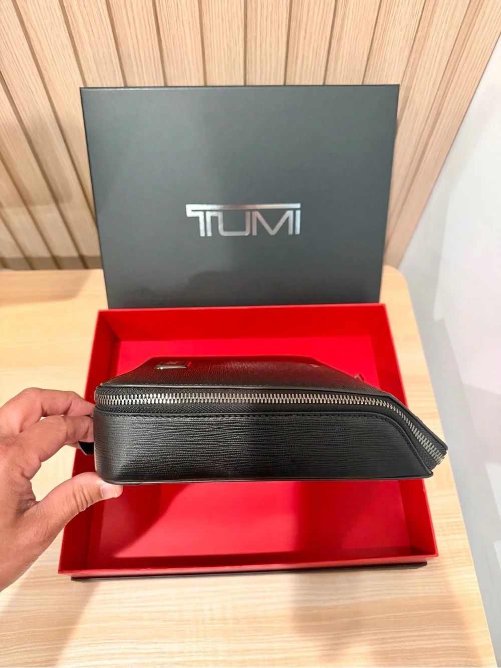 Tumi Black Embossed Leather Travel Accessories Case
